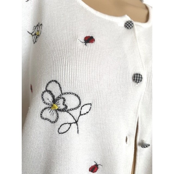 Cascade Blues Sweater Cardigan XL Ladybug Floral Embroidered Gingham Buttons - Picture 7 of 11